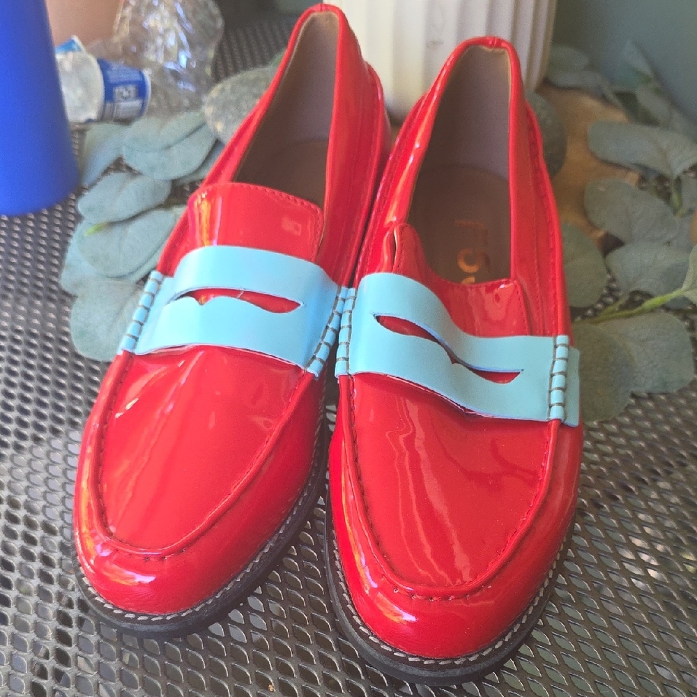 Fergalicious Red Patent Loafers with Blue Accent